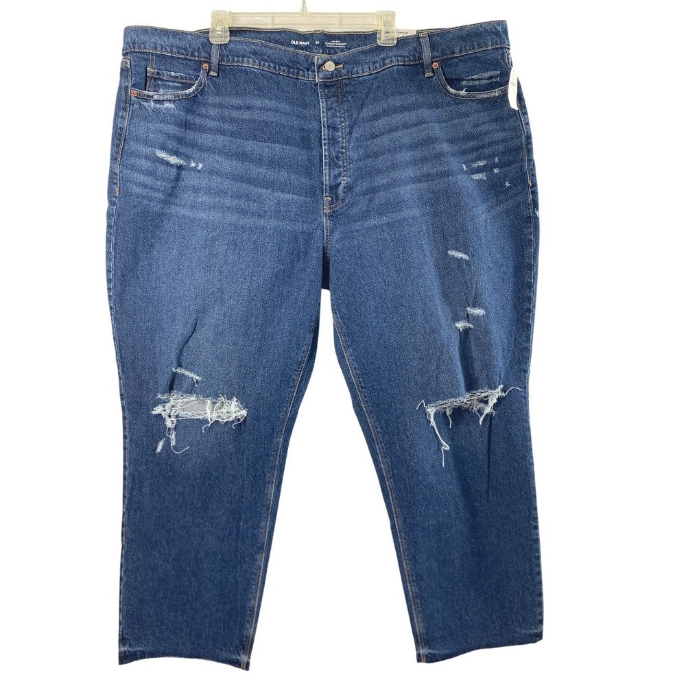 Womens Plus Size 26 Slouchy Straight Jeans Destroyed Medium‎ Wash Denim Raw Hem